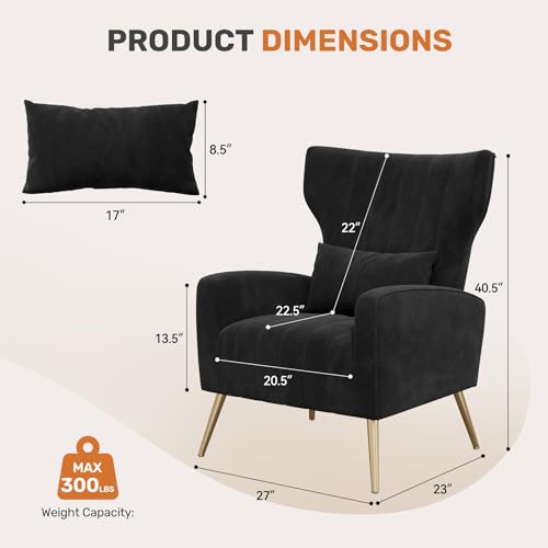 Velvet Accent Chairs Modern High Back Armchair Arm Chair with Lumbar Pillow, High Back Upholstered Single Sofa Chair with Gold Metal Legs for Bedroom,Black