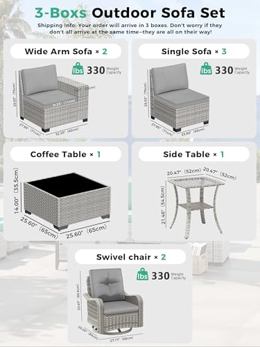 9 Piece Outdoor Patio Furniture Set with Swivel Chairs, 7-Seats Wicker Sectional Sofa Set with Thickened Cushions & Coffee Tables for Garden, Backyard, Porch, Gray