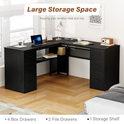Black L Shaped Desk with File Drawers Shelves, Reversible Corner Metal Wood Computer Desk with Storage Cabinet, Modern Large Executive Work Writing Study Table for Home Office Bedroom, 59 Inch