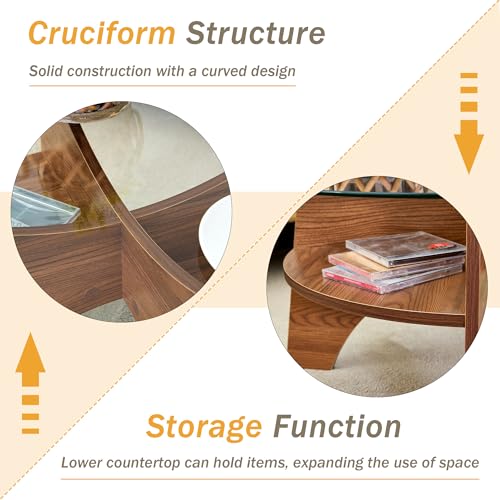 31.5" Round Glass Coffee Table with Tempered Glass Top and MDF Base, Diagonal Fan-Shaped Tray Design Table Leg Simple & Modern Center Table for Living Room Office Apartment Walnut