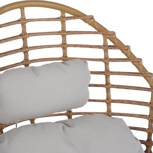 Ellis Swivel Lounge Chair Outdoor, High Back Comfy Reading Chair with Cushion, Iron Frame Wicker Accent Chair, Single Sofa Chair Patio Furniture Set, Light Brown+Light Gray