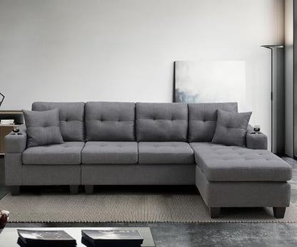 Sectional Sofa Couch, Modern 4-Seaters Living Room Furniture Sets with Reversible Chaise Lounge & 2 Pillows | L Shape Couch | Cup Holders | Linen Fabric, Gray