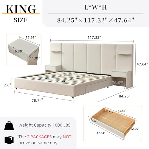 King Size Bed Frame with Storage & Built-in Nightstands & Drawers, Beige, view 3