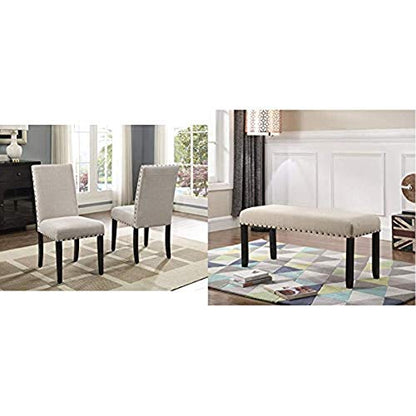 Roundhill Furniture Biony Tan Fabric Dining Chairs with Nailhead Trim, Set of 2, Brown, Tan Biony Fabric Dining Bench with Nailhead Trim, Tan
