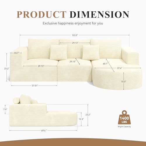 L-Shaped Boneless Couch,104" Couches for Living Room with Curved Chaise,Modular Sectional Sofa with Deep Seat,Modern Cozy Cloud Compression Sofas,No Assembly Required(Beige) 1PCS