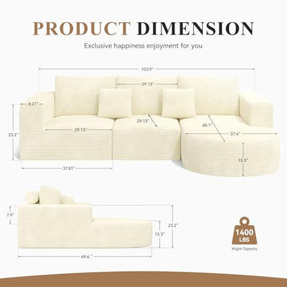 L-Shaped Boneless Couch,104" Couches for Living Room with Curved Chaise,Modular Sectional Sofa with Deep Seat,Modern Cozy Cloud Compression Sofas,No Assembly Required(Beige) 1PCS