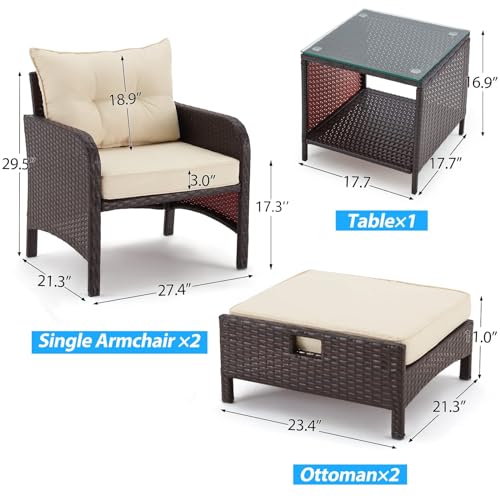 5 Pieces Patio Furniture Set, Outdoor Rattan Chairs with Tempered Glass Coffee Table, Ottomans & Soft Cushions, Wicker Conversation Bistro Set for Garden, Deck, Balcony, Poolside(Khaki)