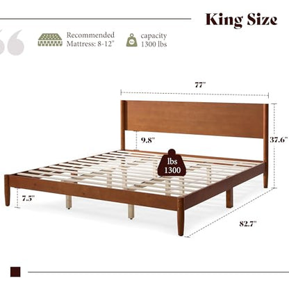 Solid Wood King Bed Frame, Mid Century Bed with Headboard, Brown, view 3