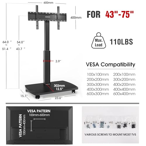 Rolling TV Stand for 43 50 55 60 65 70 75 Inch TVs, Portable Mobile TV Stand on Wheels, 10-Level Height Adjustable TV Cart with Swivel & Tilt Mount for Bedroom/Living Room/Office/Corner