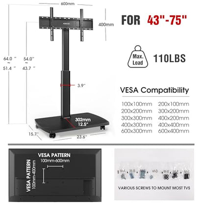 Rolling TV Stand for 43 50 55 60 65 70 75 Inch TVs, Portable Mobile TV Stand on Wheels, 10-Level Height Adjustable TV Cart with Swivel & Tilt Mount for Bedroom/Living Room/Office/Corner