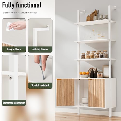 74" Tall Bookshelf with Storage Cabinet, Modern Ladder Shelf with Wood and Metal Frame, Wall Mount Bookcase Open Display Shelf Furniture for Living Room, Bedroom, Home Office, White and Oak