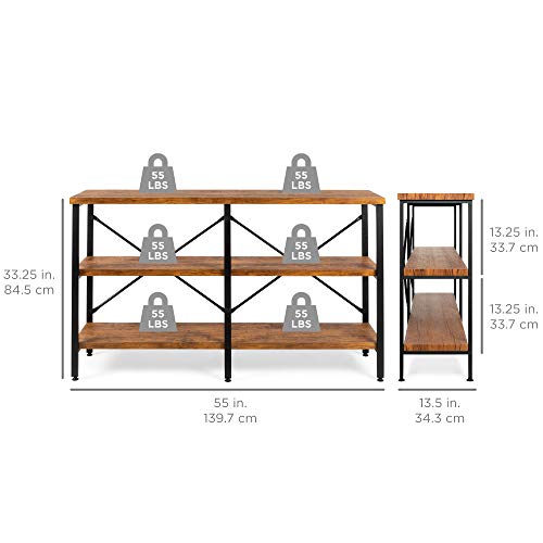 Best Choice Products Large Console Table, 3-Tier 55in Rustic, Industrial Sofa Table Storage for Living Room, Entryway, Foyer, Hallway w/EVA Non-Scratch Feet, Steel Frame - Brown