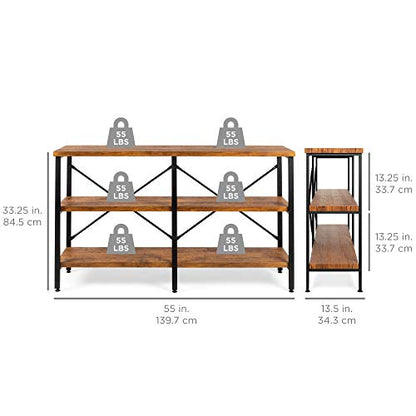 Best Choice Products Large Console Table, 3-Tier 55in Rustic, Industrial Sofa Table Storage for Living Room, Entryway, Foyer, Hallway w/EVA Non-Scratch Feet, Steel Frame - Brown