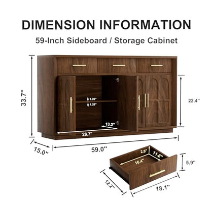 59" Sideboard Buffet Cabinet, 3 Drawers, 4 Doors, Walnut, view 3