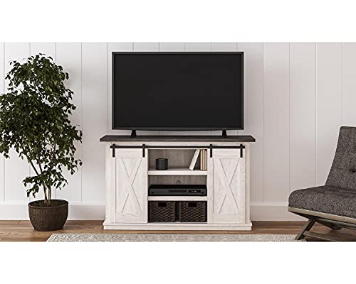 Signature Design by Ashley Dorrinson Farmhouse TV Stand Fits TVs up to 50" with Sliding Barn Doors and Storage Shelves, Whitewash & Gray