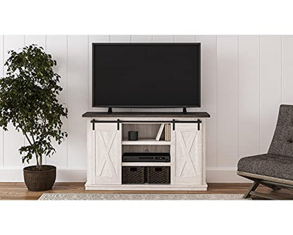 Signature Design by Ashley Dorrinson Farmhouse TV Stand Fits TVs up to 50" with Sliding Barn Doors and Storage Shelves, Whitewash & Gray
