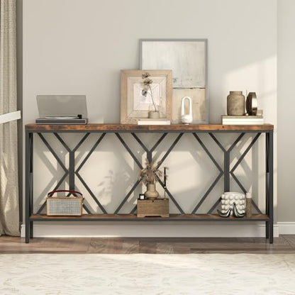 70.9'' Extra Long Console Table, Industrial Sofa Table Behind Couch, 2 Tier Narrow Entryway Table with Storage Shelf, for Living Room, Rustic Brown and Black CTHR18301