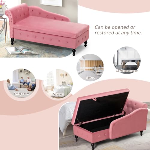 Velvet Chaise Lounge w/Left Armrest & Storage Space, Pink, view 9