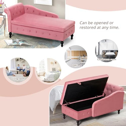 Velvet Chaise Lounge w/Left Armrest & Storage Space, Pink, view 9