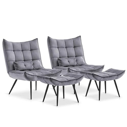 Accent Chair with Ottoman, Set of 2 Modern Velvet Wingback Reading Chair with Lumbar Pillow, Upholstered Lounge Armchair with Footrest for Living Room Bedroom Small Space, 4079 (2, Dark Grey)
