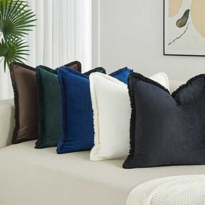 Coffee Velvet Throw Pillow Covers 18x18 Inch Set of 2 with Soft Tassel Fringe Luxury Boho Pillowcase for Sofa Couch Bed Home Decor Machine Washable