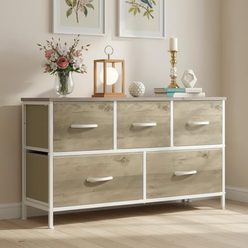 Dresser for Bedroom with 5 Drawers, Wide Chest of Drawers, Fabric Bedroom Dresser with Drawer Organizer, Storage Organizer Unit with Fabric Bins for Closet, Living Room, Hallway, Greige Oak
