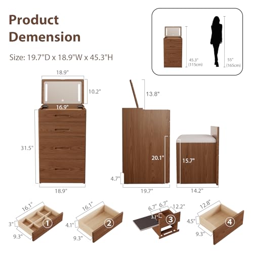 Solid Wood Small Makeup Vanity with Chair, Fully Assembled, Walnut, view 3