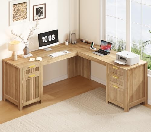 59" Fluted L Shaped Desk with Drawers & Storage Cabinet for Home Office, view 2