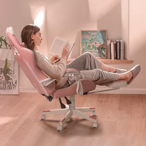 Pink Gaming Chair Cute with Cat Ears and Cat Paw Lumbar Cushion, Ergonomic Computer Chair for Girl with Footrest and Headrest, Comfortable Reclining PC Game Chair for Adult, Teen (Pink)