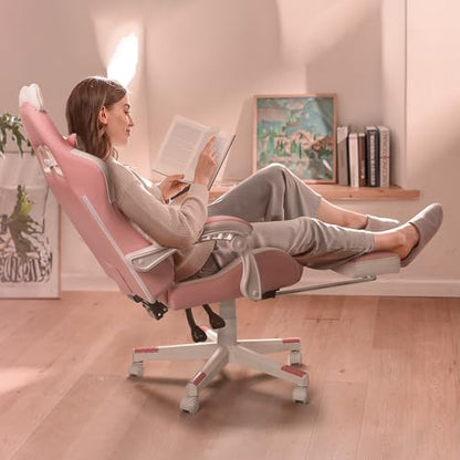 Pink Gaming Chair Cute with Cat Ears and Cat Paw Lumbar Cushion, Ergonomic Computer Chair for Girl with Footrest and Headrest, Comfortable Reclining PC Game Chair for Adult, Teen (Pink)