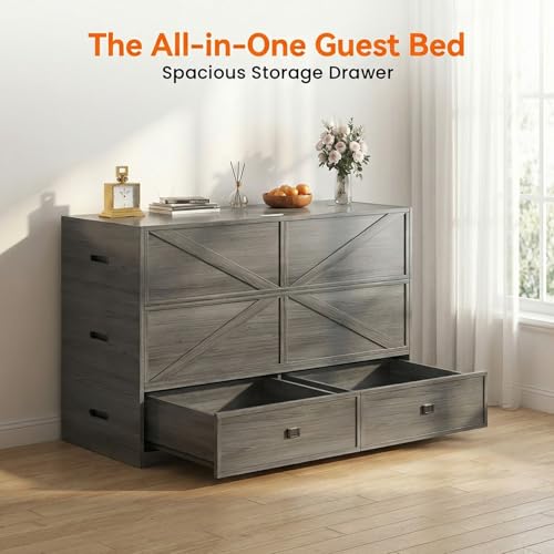 4-in-1 Queen Murphy Bed with Mattress Included & Extra Large Drawers, Multifunctional Cabinet Bed that Converts to Sofa Set for Small Spaces/Guest Bedroom/Living Room, Grey