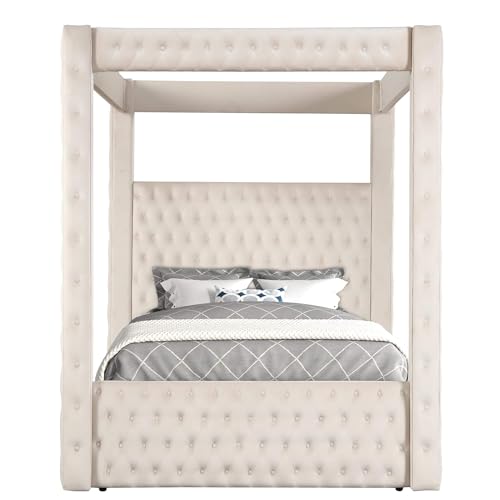 Velvet Canopy Bed Frame Queen - Upholstered Four Poster Bed Frame with Tufted Headboard and Footboard, Luxury Bed Frame with Wood Slats for Bedroom Furniture, Box Spring Required, Ivory