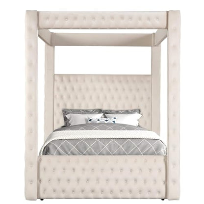 Velvet Canopy Bed Frame Queen - Upholstered Four Poster Bed Frame with Tufted Headboard and Footboard, Luxury Bed Frame with Wood Slats for Bedroom Furniture, Box Spring Required, Ivory