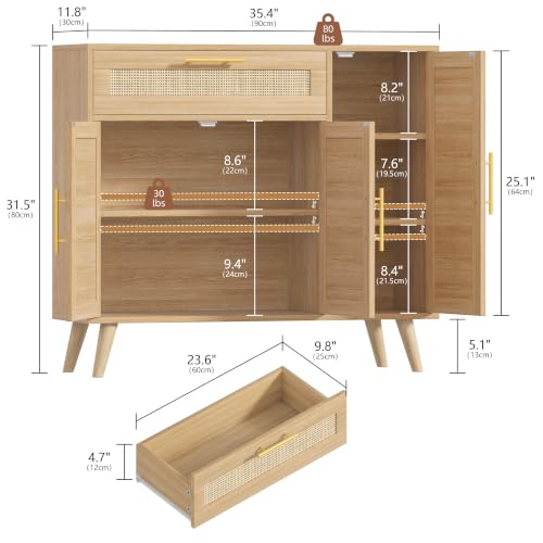 Kitchen Buffet Cabinet with 3 Doors, Rattan Storage Cabinet, view 3