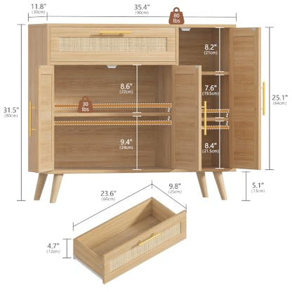 Kitchen Buffet Cabinet with 3 Doors, Rattan Storage Cabinet, view 3