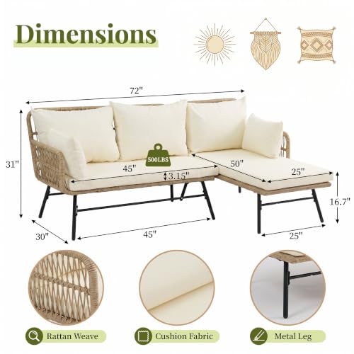 3 Pieces Boho Patio Furniture Set with Comfortable Cushion, Wicker Outdoor Sectional Sofa, L-Shape Lounge Conversation Set for Balcony Porch Backyard Deck, Beige