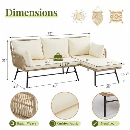 3 Pieces Boho Patio Furniture Set with Comfortable Cushion, Wicker Outdoor Sectional Sofa, L-Shape Lounge Conversation Set for Balcony Porch Backyard Deck, Beige