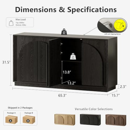 65" Sideboard Buffet Cabinet with Storage, Modular Credenza, Black, view 3