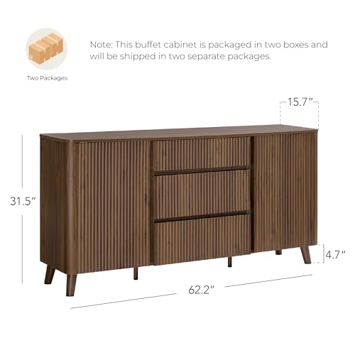 CHITA 62" Fluted Sideboard Buffet Cabinet with 3 Drawers, Walnut, view 3