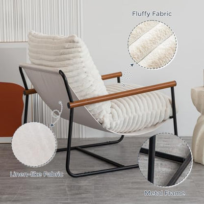 Accent Chair, Sherpa Arm Chair for Living Room, Mid Century Modern Accent Chairs, Boucle Reading Bedroom Chair, Teddy Armchair, Wooden Arms Metal Frame