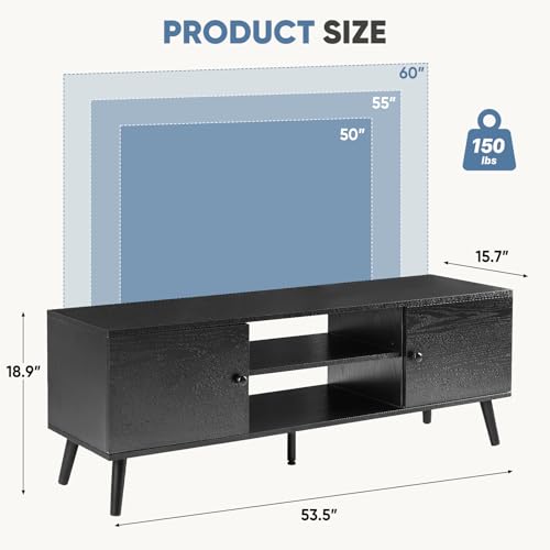 TV Stand for 55 60 inch TV, Modern Mid Century Entertainment Center with Storage, Wooden Media Console Table with 2 Cabinets, for Living Room, Bedroom, Black