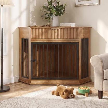 Corner Dog Crate Furniture for Small Dogs, Kennel End Table with Drawer, view 2