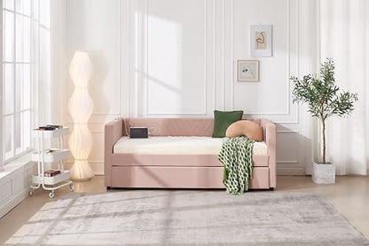 Twin Size Upholstered Daybed with Trundle,USB Port,Side Pockets, V Grained backrest Design,No Box Spring Needed, for Bedroom, Guest Room (Pink, Twin)
