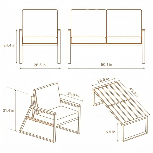 4-Piece Outdoor Patio Furniture Set with Coffee Table and Removable Cushions, Metal Patio Conversation Set for Family, Yard, Poolside (Gray)