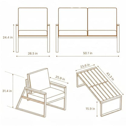 4-Piece Outdoor Patio Furniture Set with Coffee Table and Removable Cushions, Metal Patio Conversation Set for Family, Yard, Poolside (Gray)