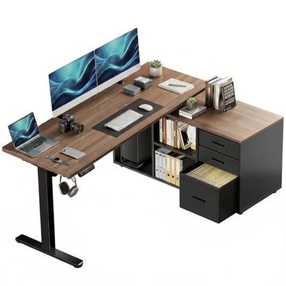 55 Inch L Shaped Standing Desk with Drawers, Electric Executive Desk with File Cabinet Sets, Adjustable Height Stand Up Desk, Home Office Computer Desk with 4 Memory Presets, Walnut