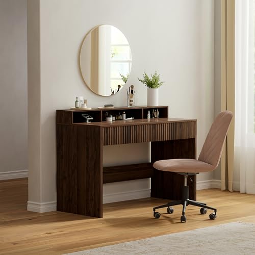 47" Executive Desk with Fluted Drawer, Modern Home Office Desk with Long Monitor Stand and 2 Drawers, Computer Writing Desk for Study Office Vanity, Brown