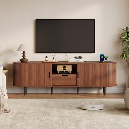 TV Stand with Power Outlet, Fluted Wood, view 4
