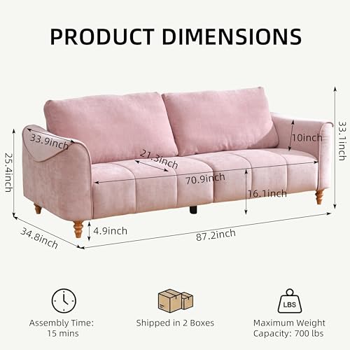 87" Mid Century Modern 3-Seater Sofa for Living Room, Extra Wide Deep Seat Couch, Tufted Upholstered Furniture with Sturdy Wood Frame, Easy Assembly, Pink