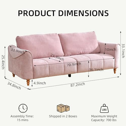 87" Mid Century Modern 3-Seater Sofa for Living Room, Extra Wide Deep Seat Couch, Tufted Upholstered Furniture with Sturdy Wood Frame, Easy Assembly, Pink